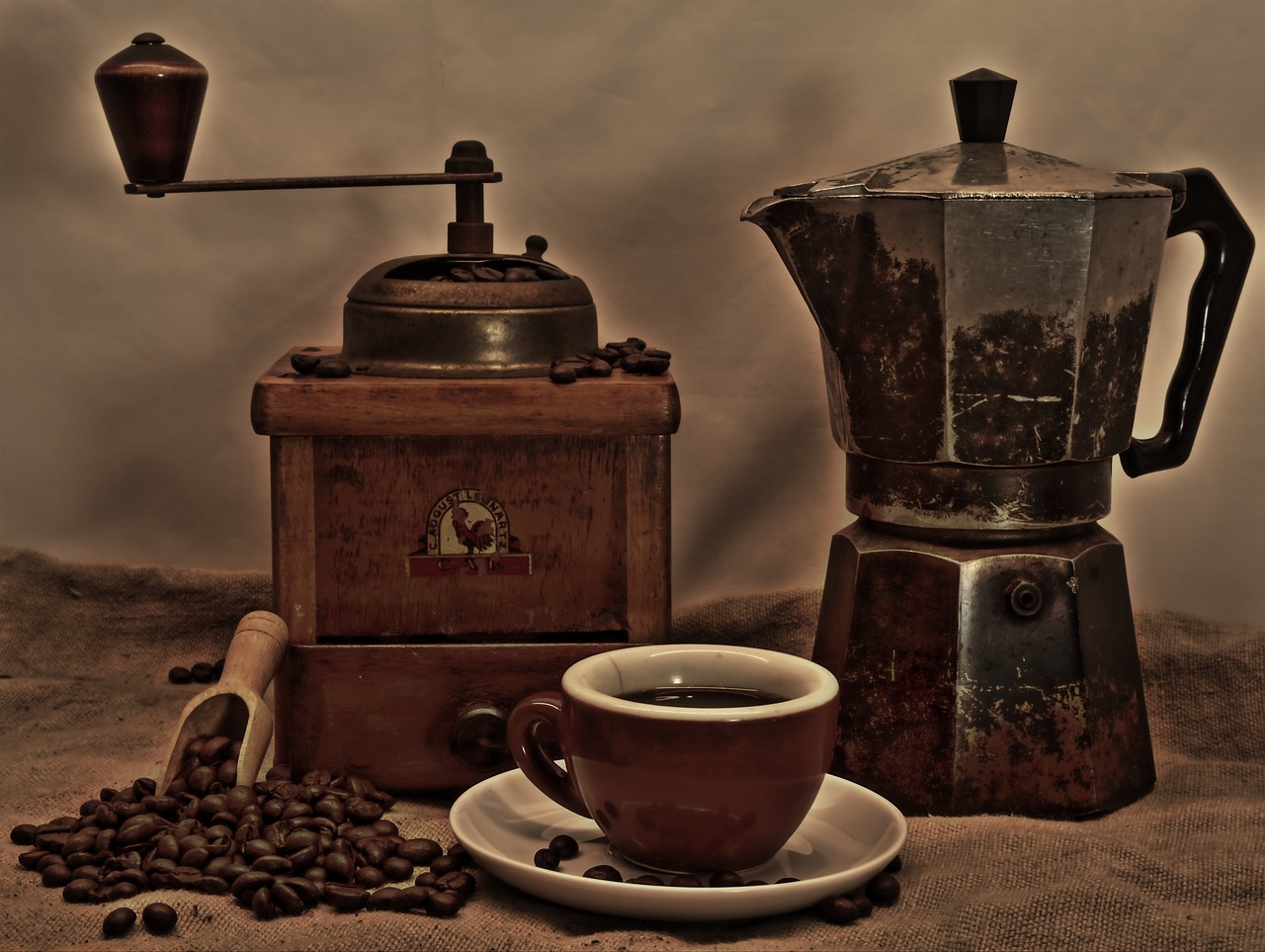 Old coffee mill and espresso pot