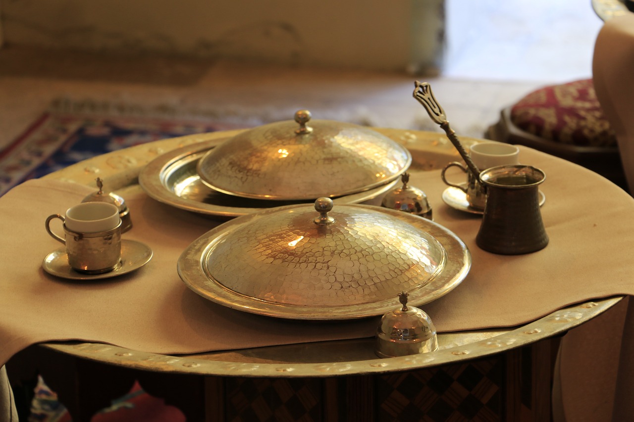 Turkish coffee set up on table